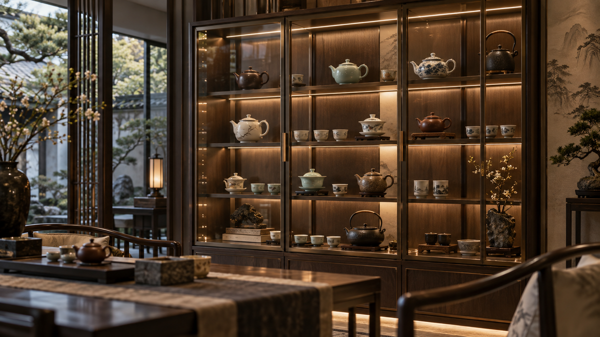 Luxury ceramic teaware display cabinet with warm lighting and dark wood shelving