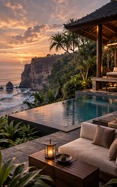 Luxury Bali resort editorial cover with tropical cliffside pool at sunset