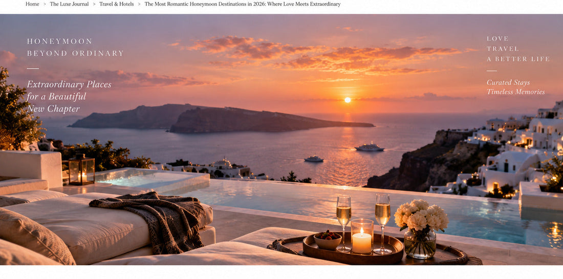 THE LUXE JOURNAL luxury honeymoon destinations guide with sunset resort, champagne and private pool