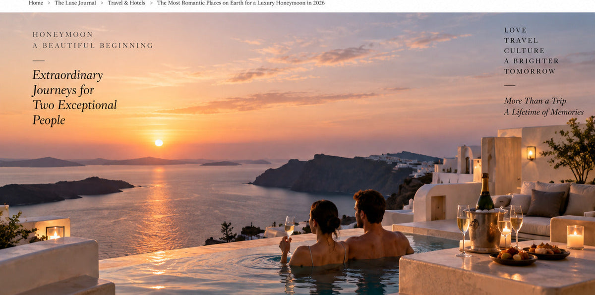 THE LUXE JOURNAL luxury island honeymoon comparison with private pool, ocean sunset and romantic resort setting