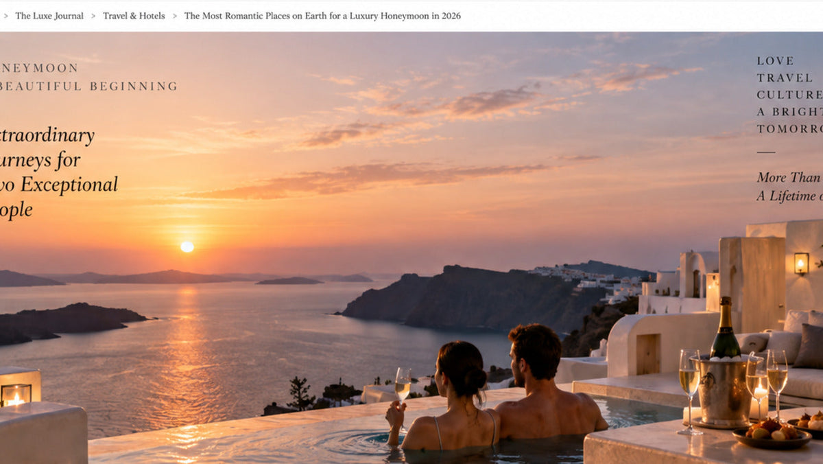THE LUXE JOURNAL private island honeymoon guide with romantic resort sunset, pool and champagne