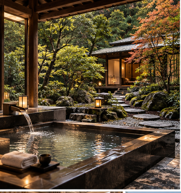 Luxury Kyoto hotel editorial cover with forest garden and onsen-inspired retreat