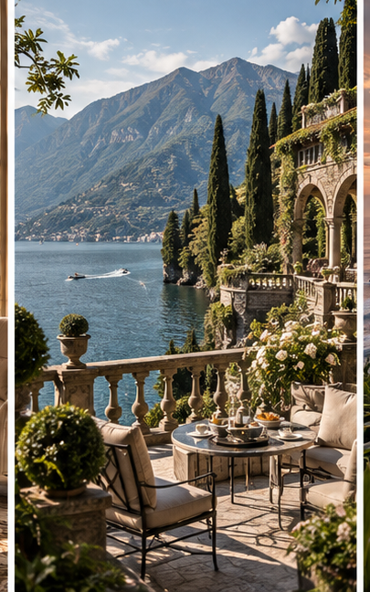 Luxury Lake Como hotel editorial cover with lakeside terrace and Italian villa atmosphere