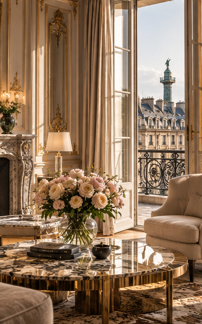 Luxury Paris hotel editorial cover with elegant salon and classic city view