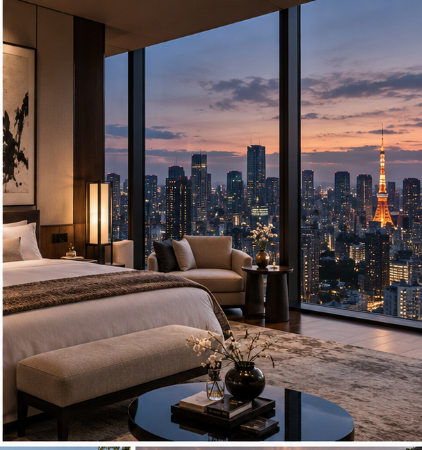 Luxury Tokyo hotel editorial cover with skyline suite at dusk