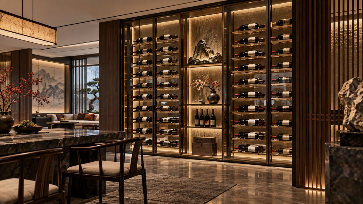Luxury wine wall in a New Chinese interior with glass, timber, stone and warm lighting