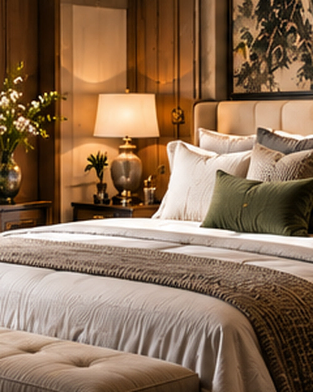 Editorial cover for making a home look expensive featuring a calm layered bedroom interior