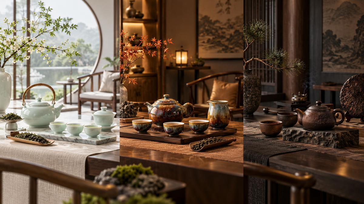 Three ceramic teaware moods matched to green tea, oolong and dark tea in New Chinese interiors