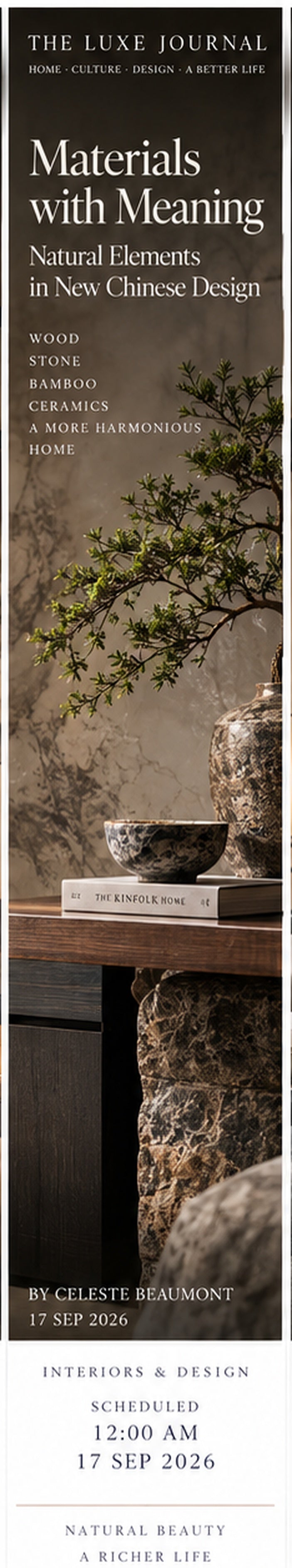 Luxury editorial cover featuring natural stone, dark timber, ceramics and sculptural branch styling in New Chinese interior design