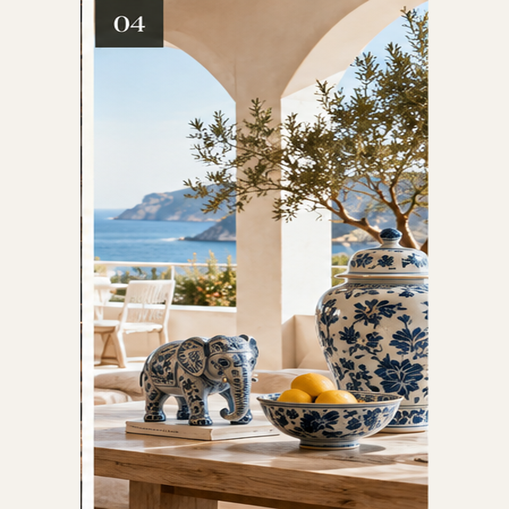 Mediterranean coastal interior styled with blue white and celadon Chinese ceramics