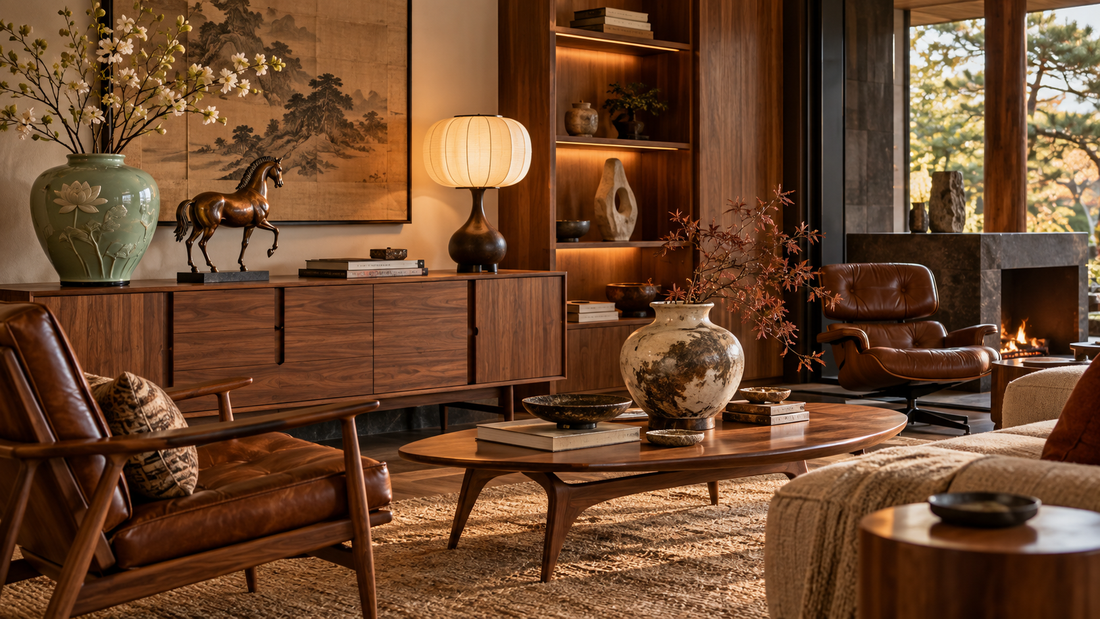New Chinese ceramics sculpture and lighting inside a warm mid-century modern living room