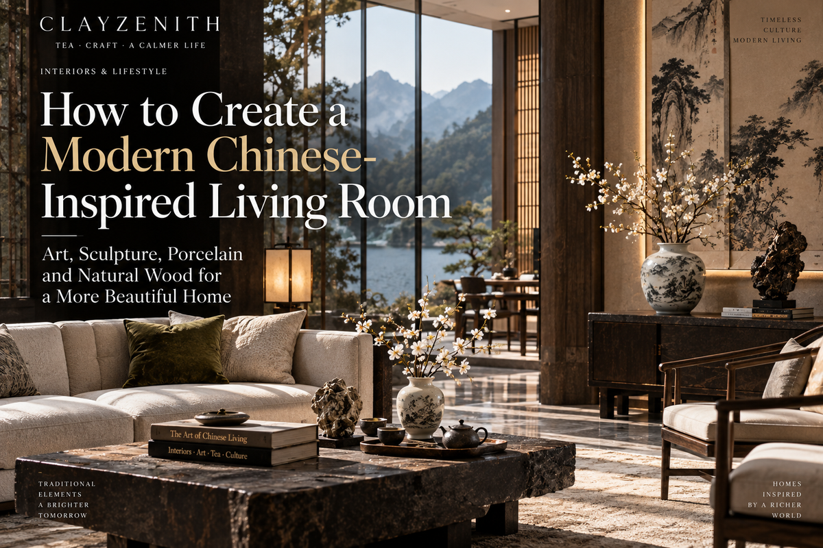 Modern Chinese-inspired living room with porcelain, ink art, sculpture and natural wood