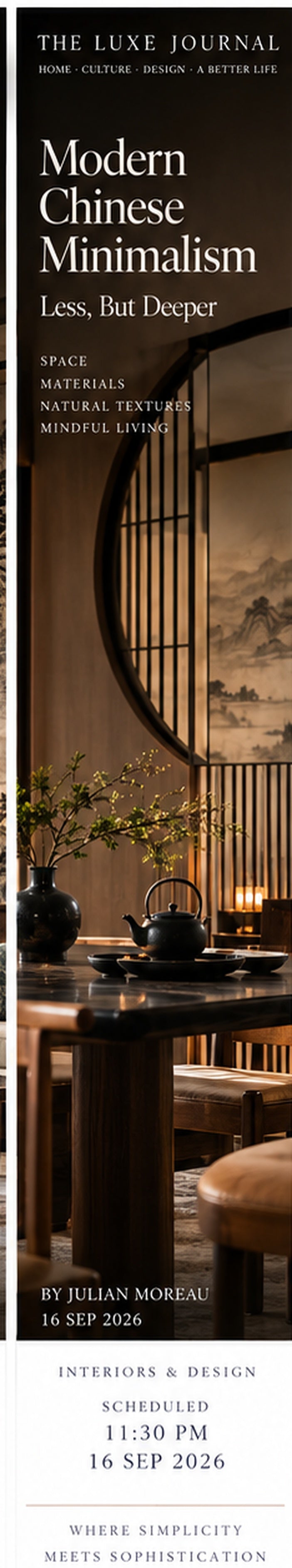 Luxury magazine cover showing modern Chinese minimalism with dark timber, tea table and moon-gate inspired geometry
