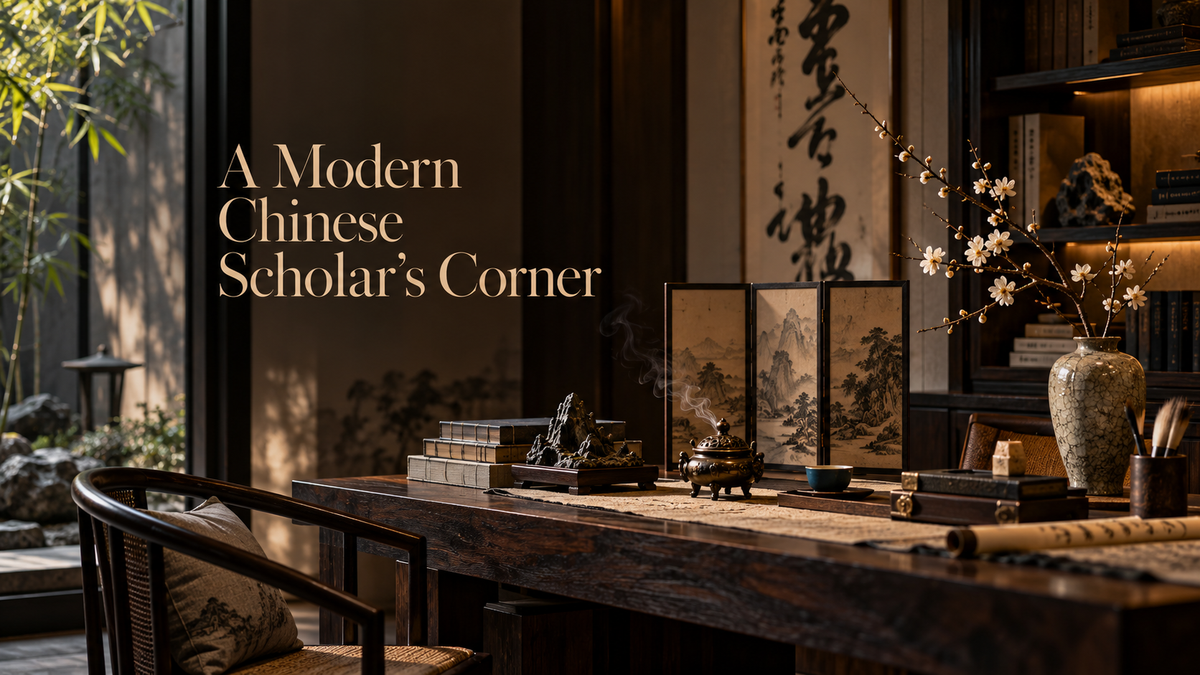 Modern Chinese scholar corner with calligraphy tabletop screen incense vase and scholar objects
