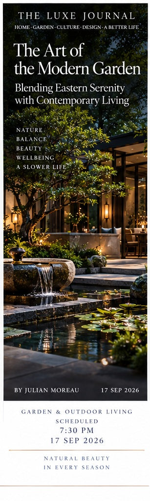 Luxury magazine cover showing a contemporary garden with layered planting, water feature, stone and warm architectural lighting