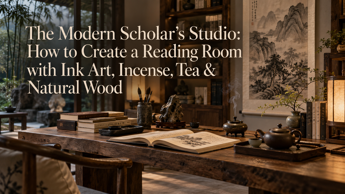 Modern scholar's studio with ink art, incense, tea and natural wood