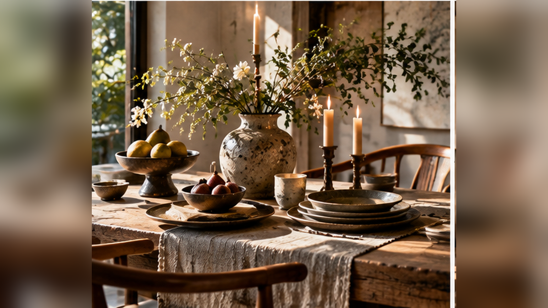 Modern dining table with handcrafted ceramics, linen, flowers and candlelight