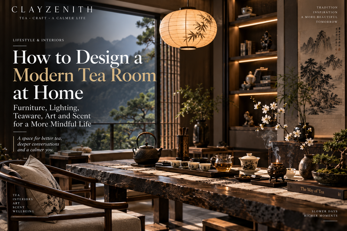 Modern Chinese tea room with teaware, ink art, incense, warm wood and mountain views