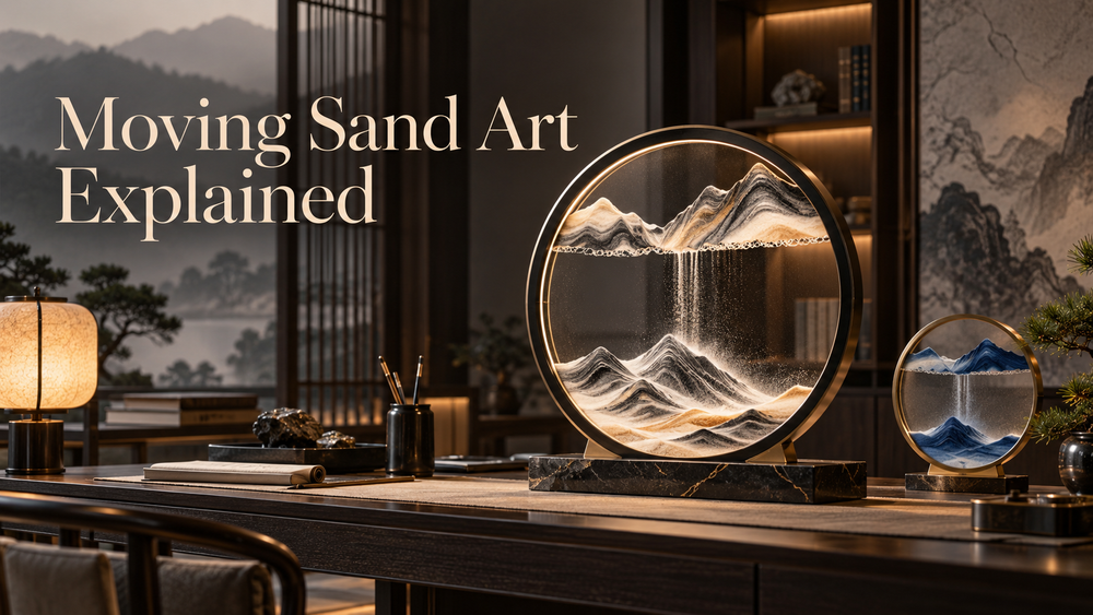 Moving sand art mountain landscape sculpture in a luxury New Chinese study