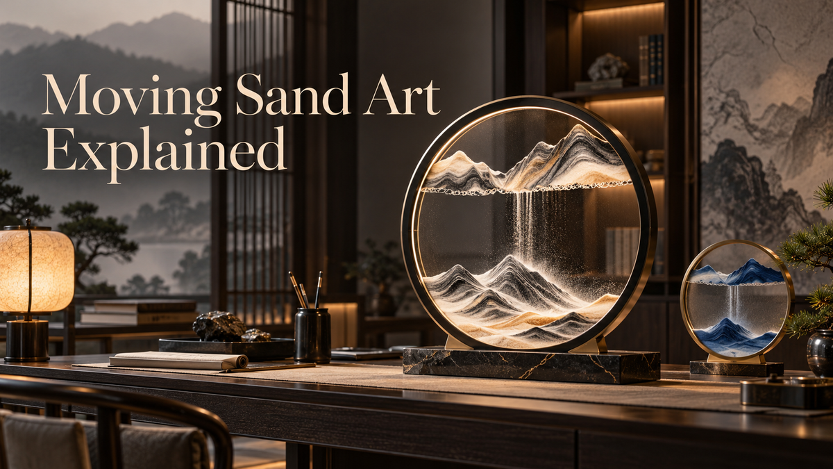 Moving sand art mountain landscape sculpture in a luxury New Chinese study