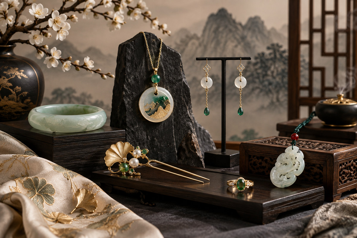 Neo-Chinese jade and gold jewelry arranged in a refined cultural still life