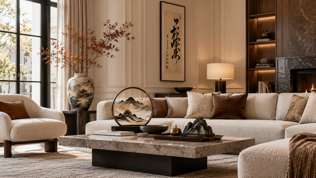 New Chinese decor styled inside a contemporary Western living room with warm neutral tones
