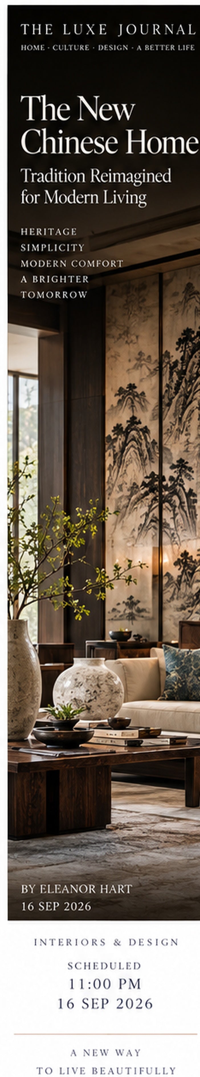 Luxury New Chinese interior magazine cover featuring refined contemporary Chinese living room design