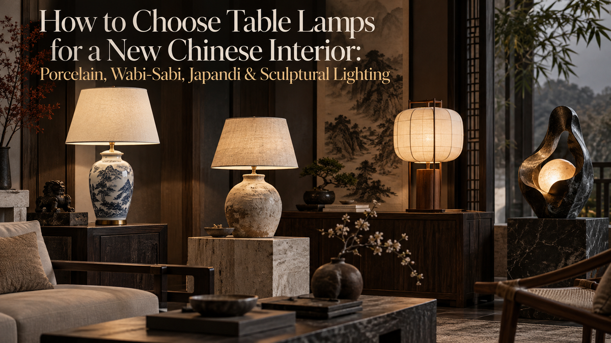 New Chinese interior with porcelain, Wabi-Sabi, Japandi and sculptural table lamps