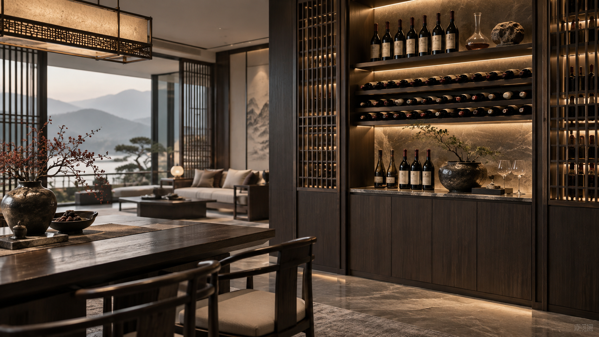 New Chinese luxury interior with wine collection, dark wood, stone and warm lighting