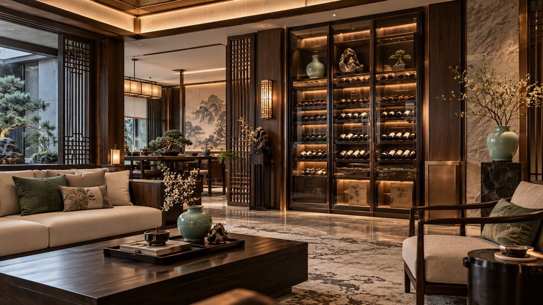 New Chinese luxury living room with integrated illuminated wine wall, dark timber, celadon ceramics and bronze accents