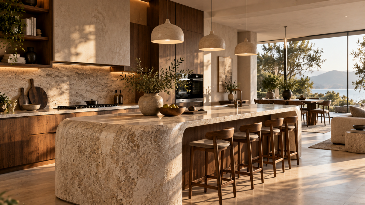 Luxury outdoor kitchen and entertaining area with natural materials