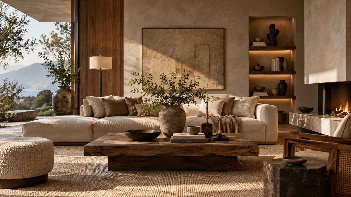 Luxury outdoor living room with lounge seating, warm textures and scenic view