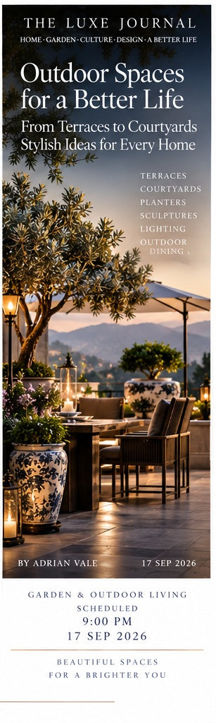 Luxury outdoor living magazine cover showing a refined terrace with dining furniture, planters, ceramics, lanterns and mountain views