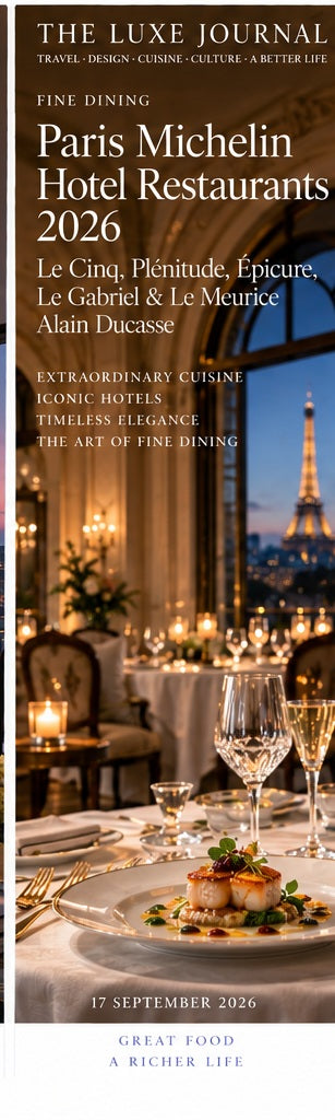 The Luxe Journal cover for Paris Michelin hotel restaurants including Le Cinq, Plenitude, Epicure, Le Gabriel and Le Meurice Alain Ducasse
