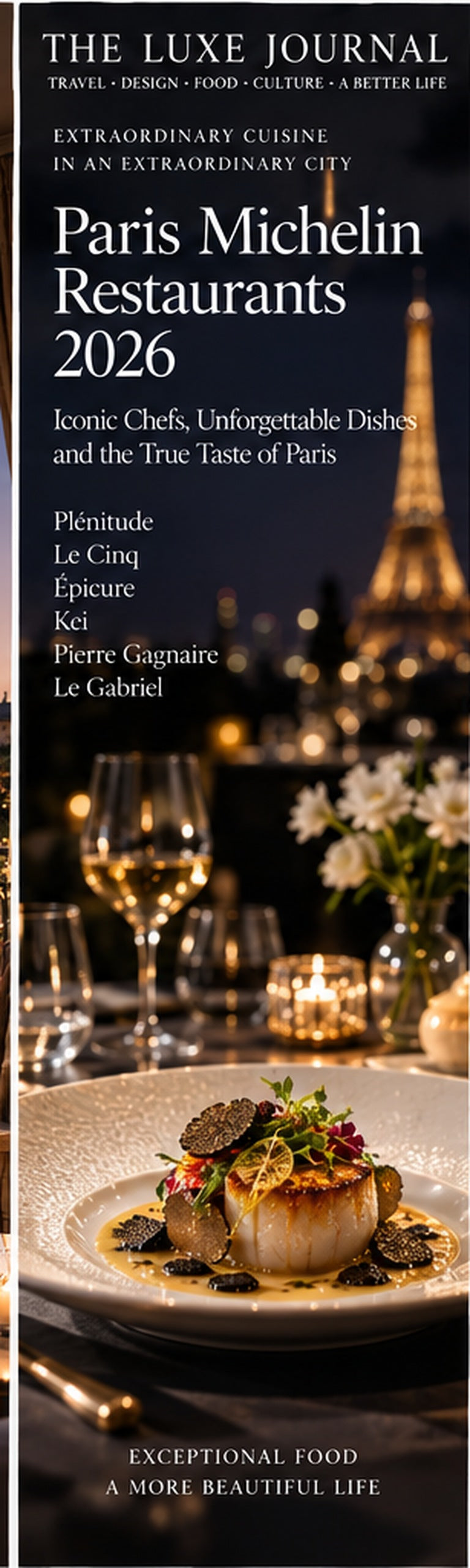 The Luxe Journal cover for Paris Michelin restaurants 2026 featuring Plenitude, Le Cinq, Epicure, Kei, Pierre Gagnaire and Le Gabriel