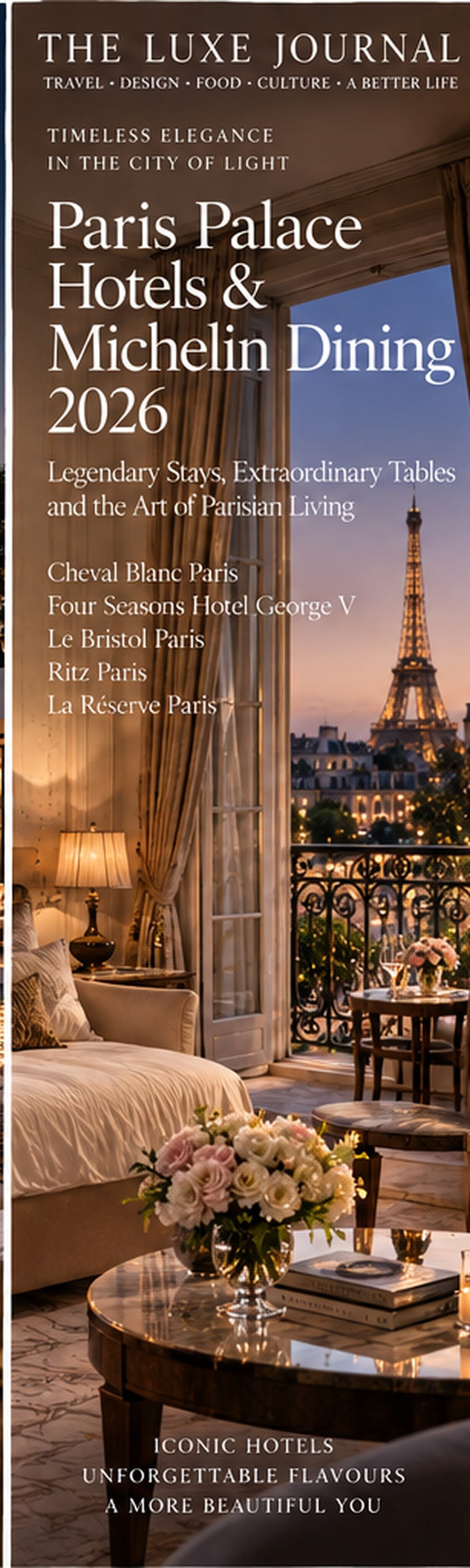 The Luxe Journal cover for Paris palace hotels and Michelin dining featuring Cheval Blanc Paris, Four Seasons Hotel George V, Le Bristol Paris, Ritz Paris and La Reserve Paris