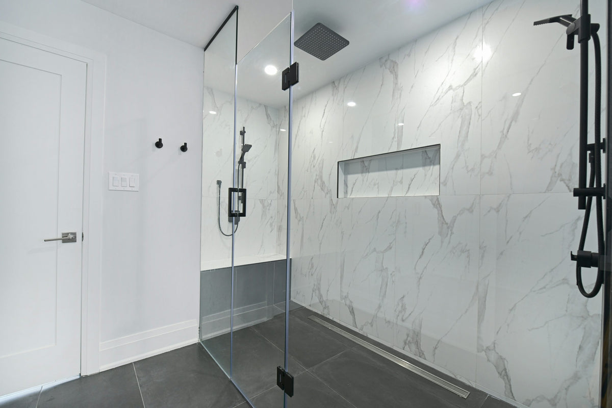 THE LUXE JOURNAL editorial cover for a refined walk-in shower and future-ready luxury bathroom