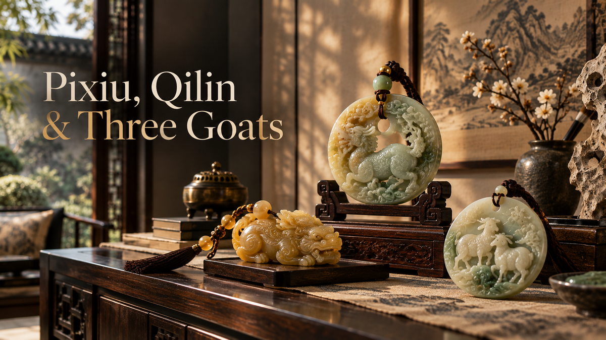 Chinese auspicious pendants featuring Pixiu Qilin and Three Goats motifs