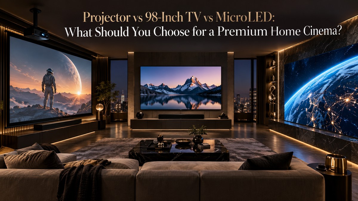 Premium home cinema comparing projector, large format television and MicroLED display