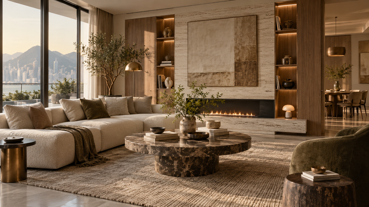 Quiet luxury living room with warm natural materials
