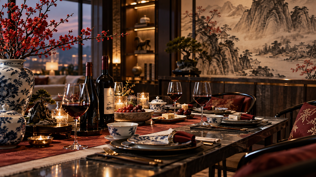 Luxury Chinese-inspired dinner setting with red wine, porcelain, art and candlelight