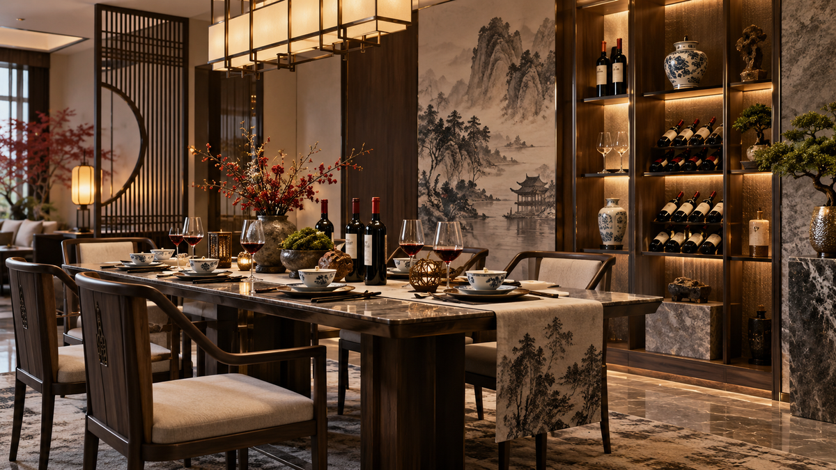 Modern Chinese dining room with red wine, porcelain, art and warm lighting