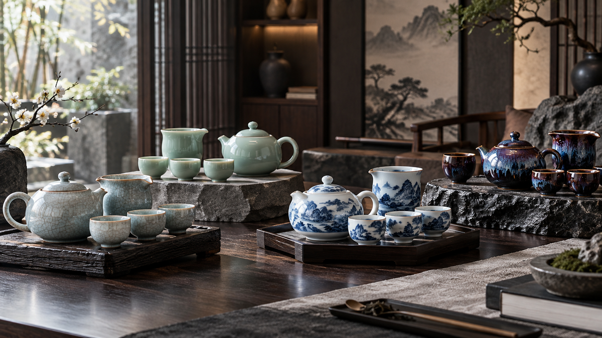 Ru ware, celadon, blue-and-white and kiln-change ceramic teaware in a refined Chinese interior