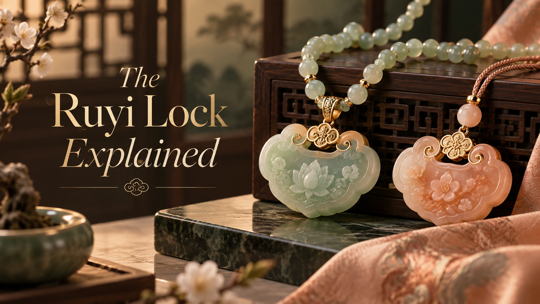 Chinese Ruyi lock jewelry in pale green and peach tones styled in a New Chinese setting