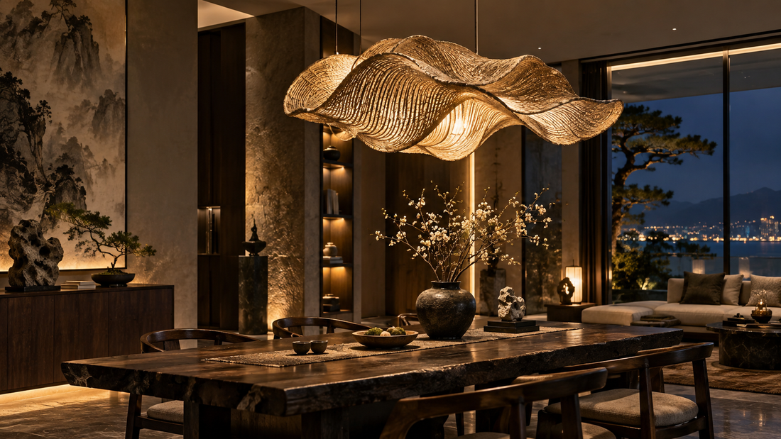 Sculptural natural fiber pendant lighting in a refined luxury interior