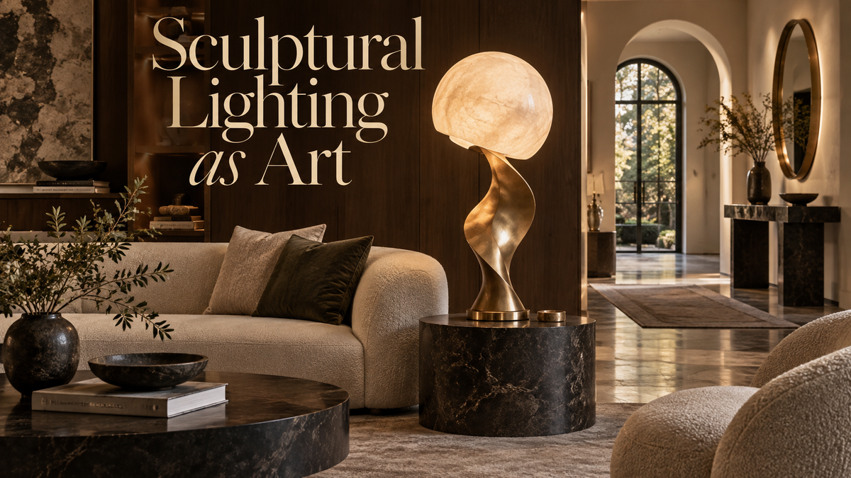 Sculptural statement lamp styled as art in a luxury living room