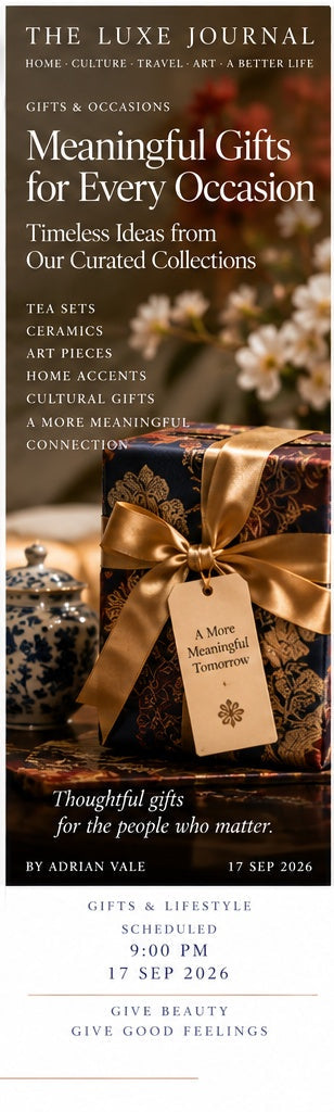 Luxury editorial cover for a Chinese gift guide featuring tea, ceramics, art and cultural home accents