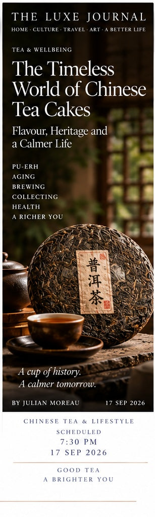 Luxury editorial cover for a beginner guide to Chinese Pu-erh tea cakes, aging, brewing and collecting