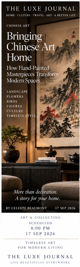 Luxury editorial cover for a guide to hand-painted Chinese art, wall styling and modern interiors