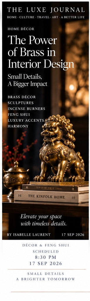 Luxury editorial cover for new Chinese interior decor, sculptural objects, incense burners and warm metal accents